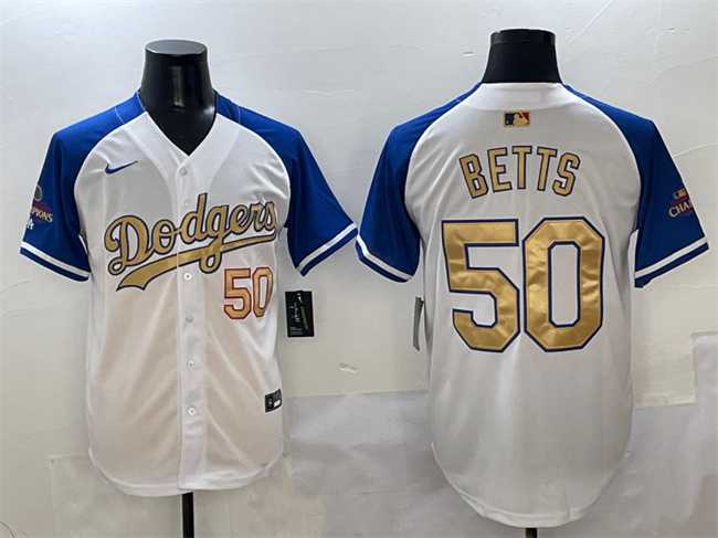 Men%27s Los Angeles Dodgers #50 Mookie Betts White Royal Gold 2024 World Series Champions Vapor Limited Stitched Jersey->los angeles dodgers->MLB Jersey